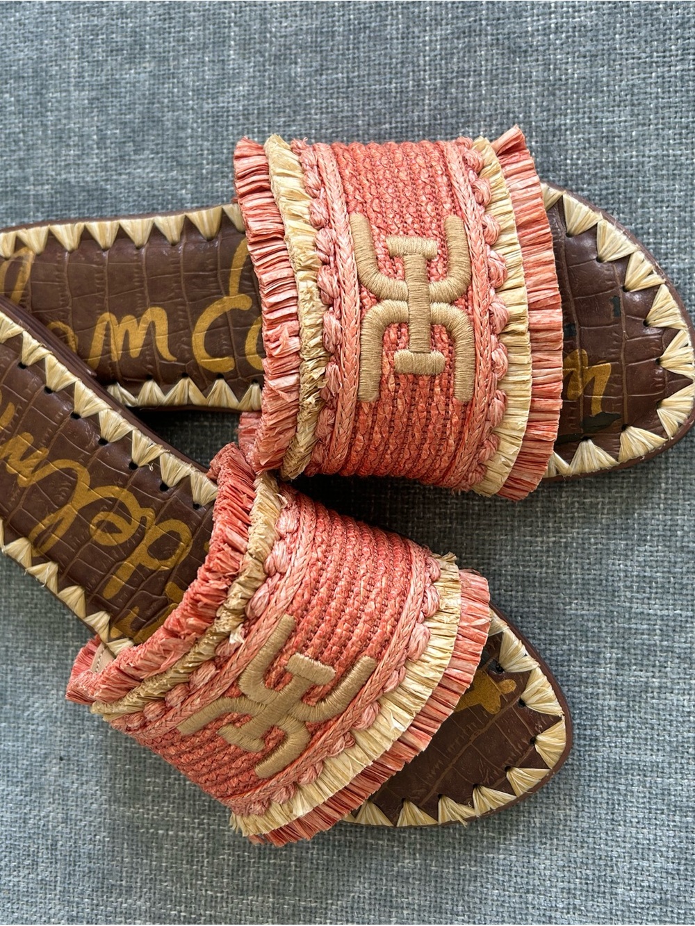 Sam Edelman Coral and Tan Raffia Slide Sandals - Picture 2 of 2